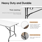 pollilar 6FT Folding Table Plastic 6 Foot Foldable Table HDPE Portable Banquet Surface Fold-in-Half Desk Utility for Working Meeting,Parties, Picnic, Camping, Weddings, Catering, Garden Dining-White