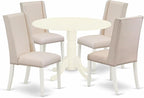 East West Furniture DLFL5-WHI-01 5 Piece Modern Dining Table Set Includes a Round Wooden Table with Dropleaf and 4 Cream Linen Fabric Parson Dining Room Chairs, 42x42 Inch, Linen White
