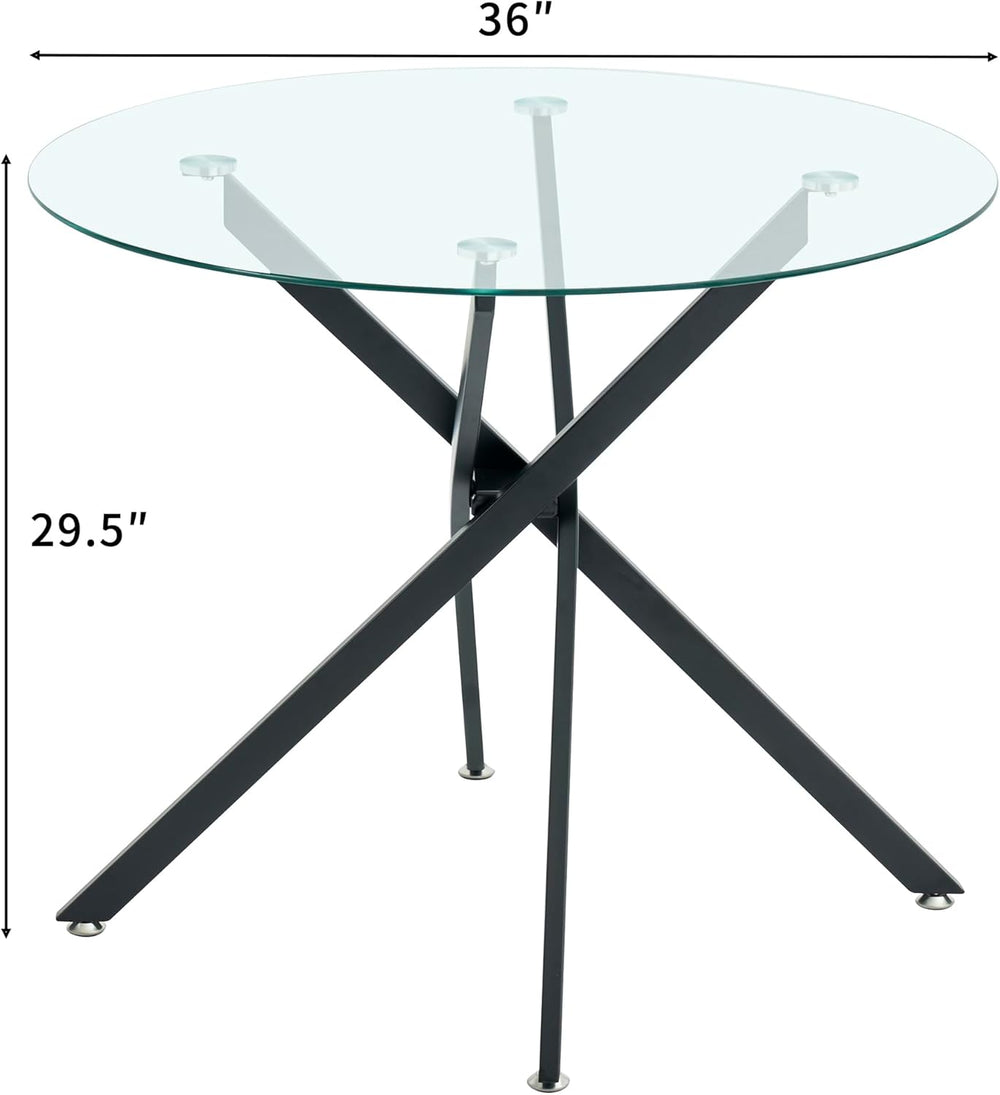 Modern Glass Dining Table Round Dining Room Table with Tempered Glass Top, Bl...