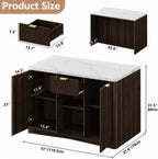 Marble Top Kitchen Island, 47.2" W Kitchen Island on Wheels Islands Table with Power Outlet Rolling Coffee Bar Cart with Buffet Cabinet & Drawer for Dining Room Breakfast Bar Table - Walnut