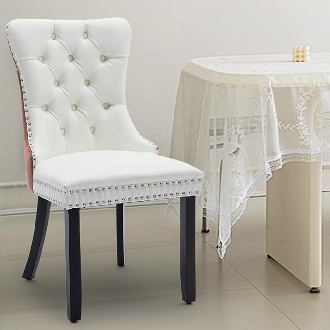 Leather Upholstered Dining Chairs Set of 4, Modern Style Kitchen Side Chairs with Nailhead Trim and Wood Leg, Metal Pulling Ring for Dining Room Living Room(White&Pink)