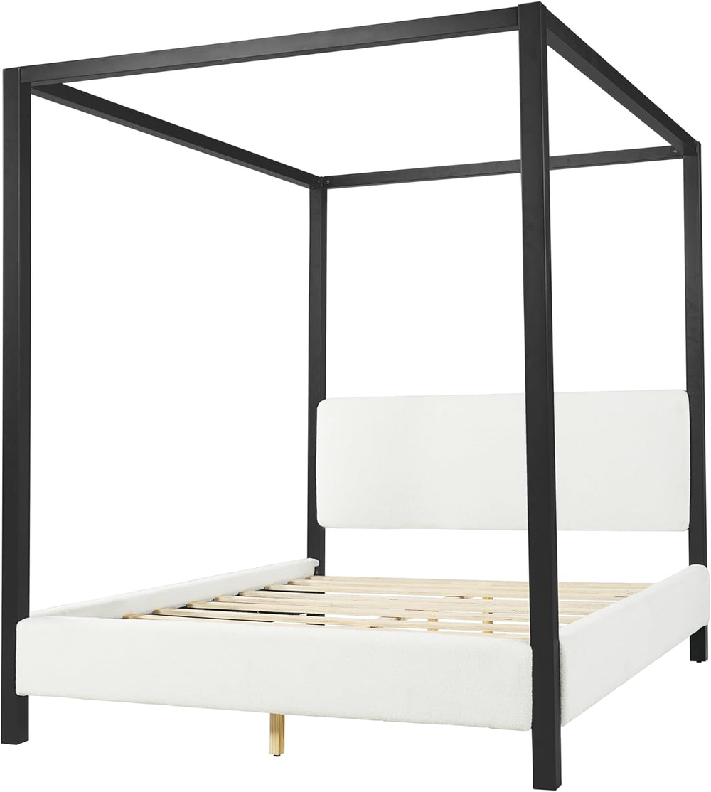 LUMISOL Queen Size Metal Canopy Bed with Upholstered Headboard, Modern Black ...