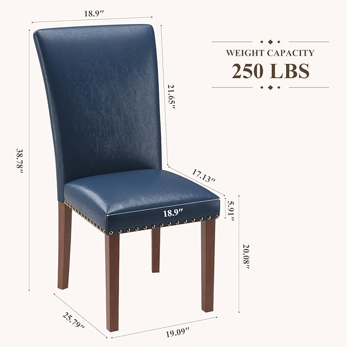 Stylish Dining Chairs Set of 2, Upholstered Parsons Dining Room Chair with Nailhead Trim, Kitchen Room Chair with Thick Cushions and Wood Legs, Nailhead Trim, Blue Leather