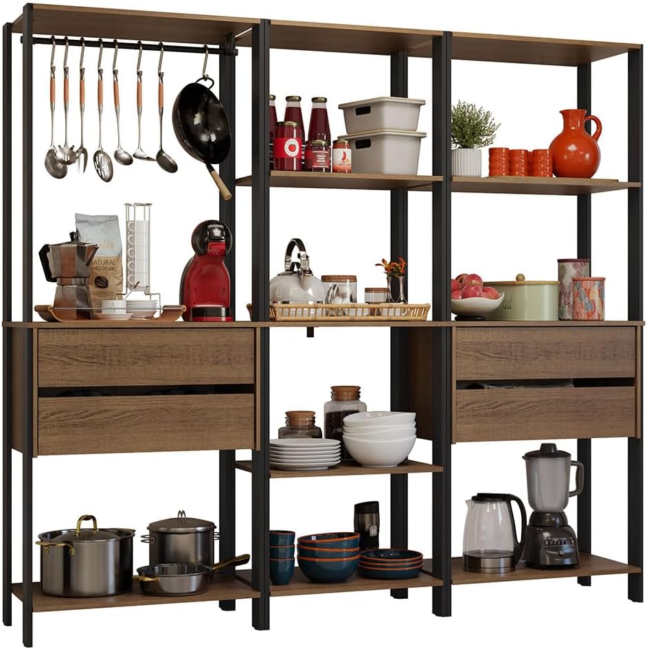 Madesa Kitchen Pantry Storage Rack with 4 Drawers, Open Shelves and Hanging S...