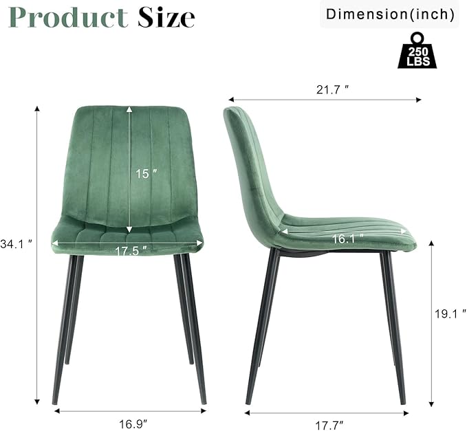 Dining Chairs Set of 6, Modern Kitchen Dining Room Chairs, Ergonomic Velvet Dining Chair Upholstered Cushion Seat and Sturdy Metal Legs(Green)