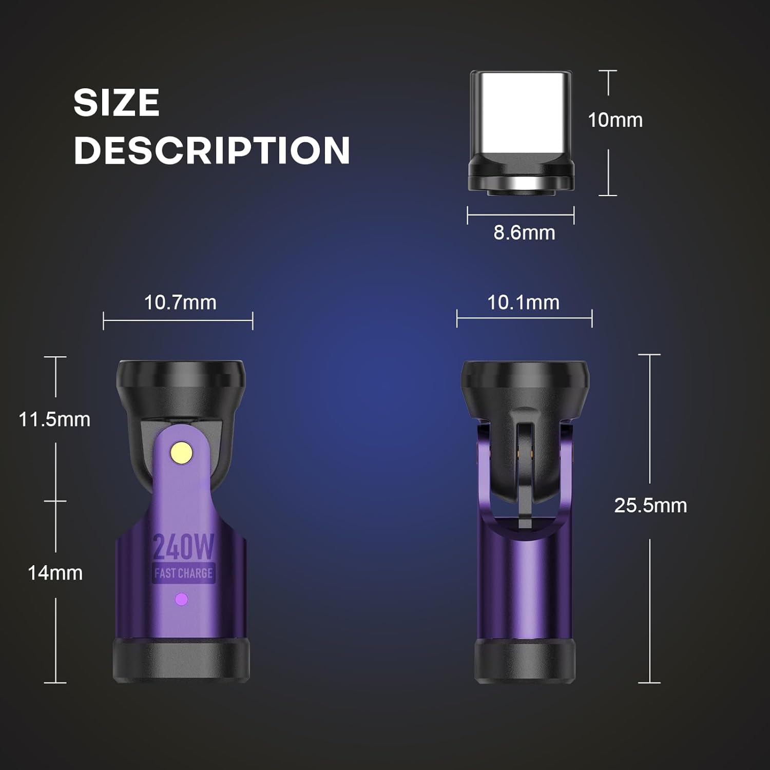 Magnetic USB C 90 Degree Adapter 240W, Can Be Type-C Cord Into Right Angle Magnetic USB C Charging Cable, Magnet Charger USBC Adapter 180&360 OTG Tips for Phone 17/16 Tablet(1 Pack Purple)