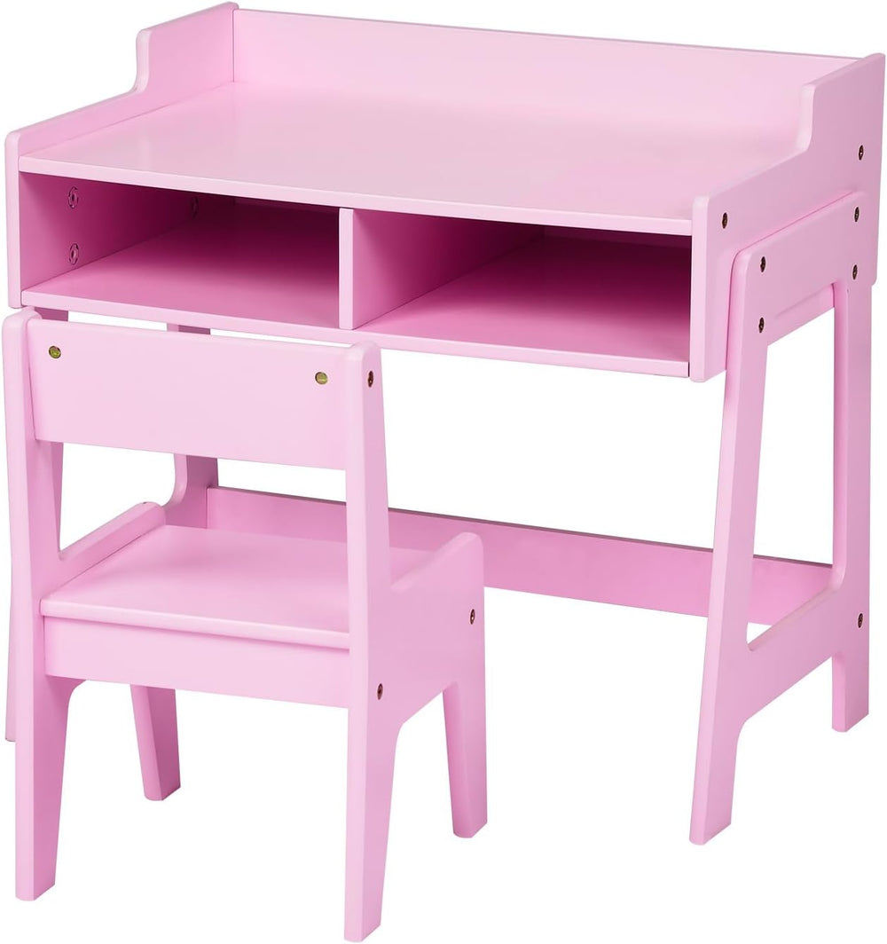 Desk and Chair Set with Storage Bins, Wooden Study Table, Writing Desk for Be...