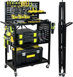 Lumizone Rolling Tool Cart with Wheels and Pegboard Hooks Folding Utility Service Cart for Garage Organizer Storage Foldable Power Tool Organization on Wheels Heavy Duty Frame (Tool Cart+Hooks)