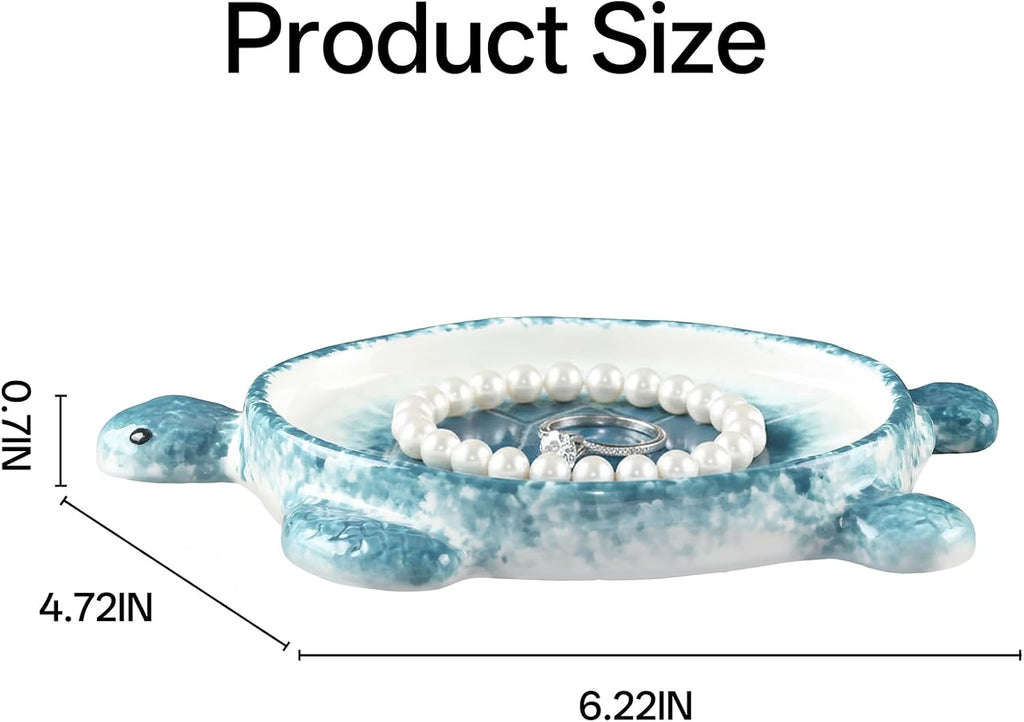 Potiera Sea Turtle Jewelry Tray, Handmade Ceramic Decorative Blue Ring Holder Trinket Dish for Earrings Necklace Key, Christmas Birthday Sea Turtle Gifts for Girls Women Mom, Coastal Ocean Beach Decor