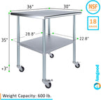 AmGood 30" x 36" Stainless Steel Work Table with Casters | Heavy Duty Metal Utility Table On Wheels | Kitchen Island Cart