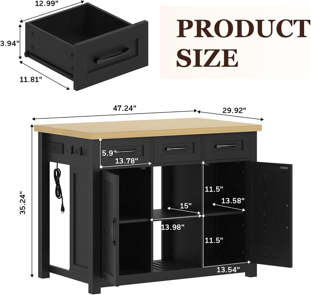 knoworld 47" Kitchen Island with Storage for Kitchen Dining Room, Black ...