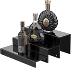 2 Pack Tiers Bar Shelves for Liquor Bottles, 15" Clear Acrylic Risers Display Racks Stands for Figures Pops Cupcake Perfume Collections (Black)