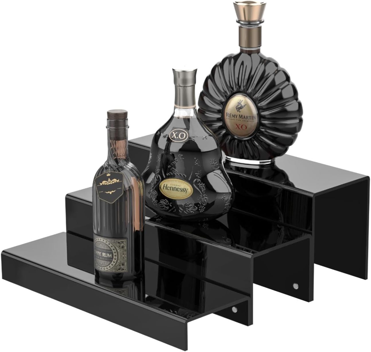 2 Pack Tiers Bar Shelves for Liquor Bottles, 15" Clear Acrylic Risers Display Racks Stands for Figures Pops Cupcake Perfume Collections (Black)