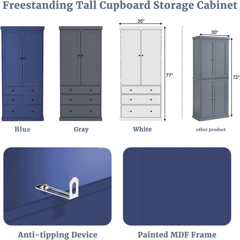 77inch Farmhouse Kitchen Pantry, Freestanding Tall Cupboard Storage Cabinet w...