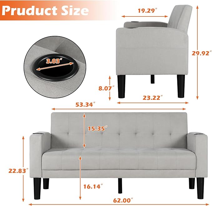 AILEEKISS 62" Loveseat Couches Upholstered Fabric Linen Love Seat Sofas Couch with 2 USB, Cup Holders, Side Pocket, Modern Tufted Sofa for Living Room, Office, Bedroom, Apartment (2-Seat, Light Grey)