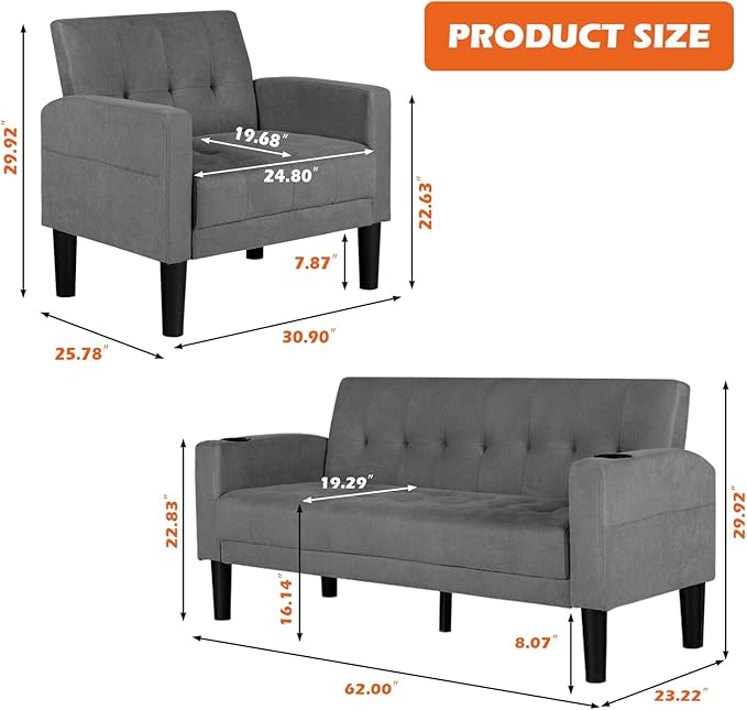 AILEEKISS 3 Piece Living Room Sofa Set Loveseat Sofas Sets with 2 USB,Cup Holders,Side Pocket,Modern Fabric 3 Pcs Sectional Couches Set for Apartment,Office,Bedroom (2-Seat+1-Seat+1-Seat, Dark Grey)