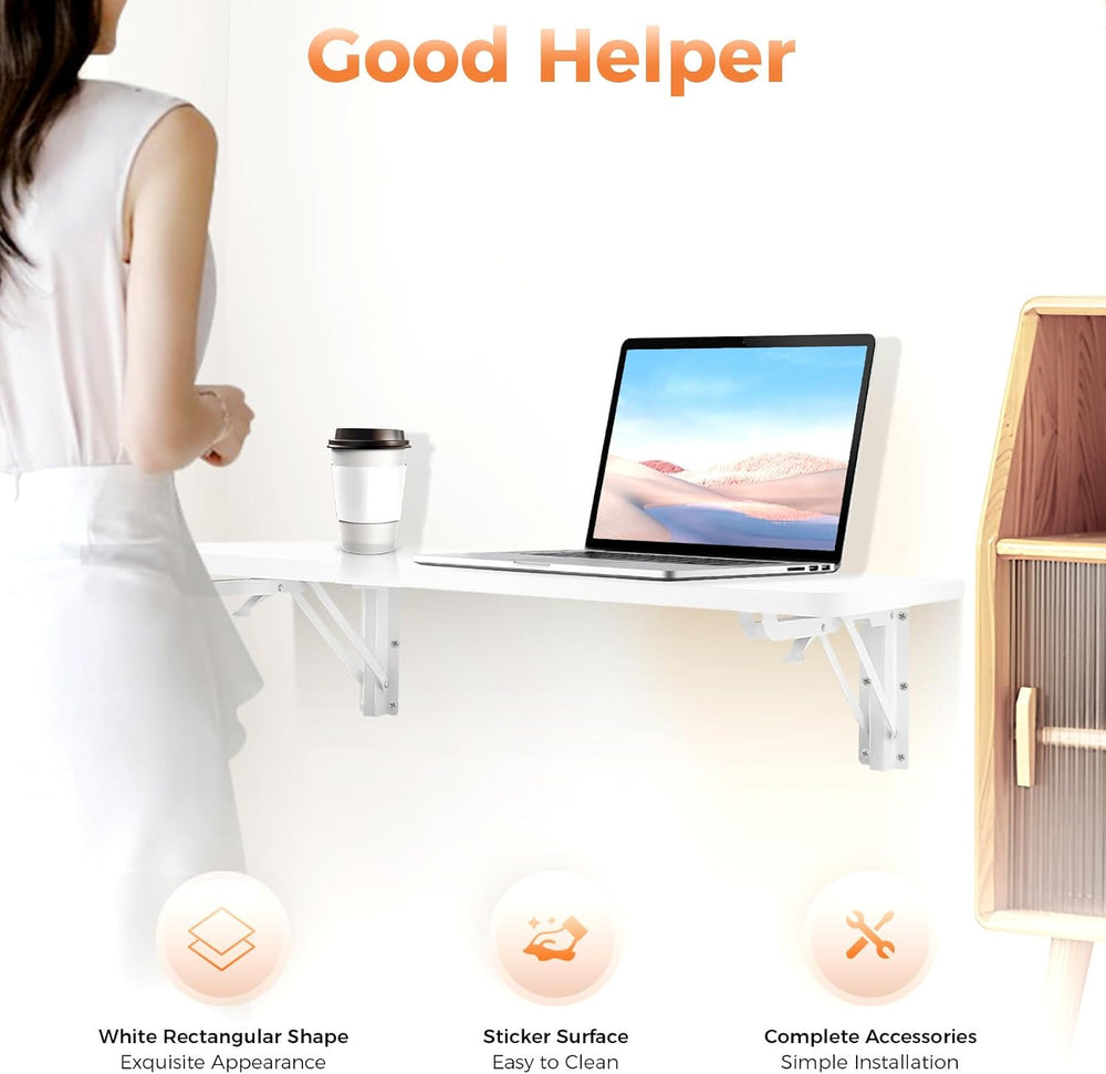 Wall Mounted Folding Desk, 24x16 Inch Floating Desk with Shelf Brackets, Spac...