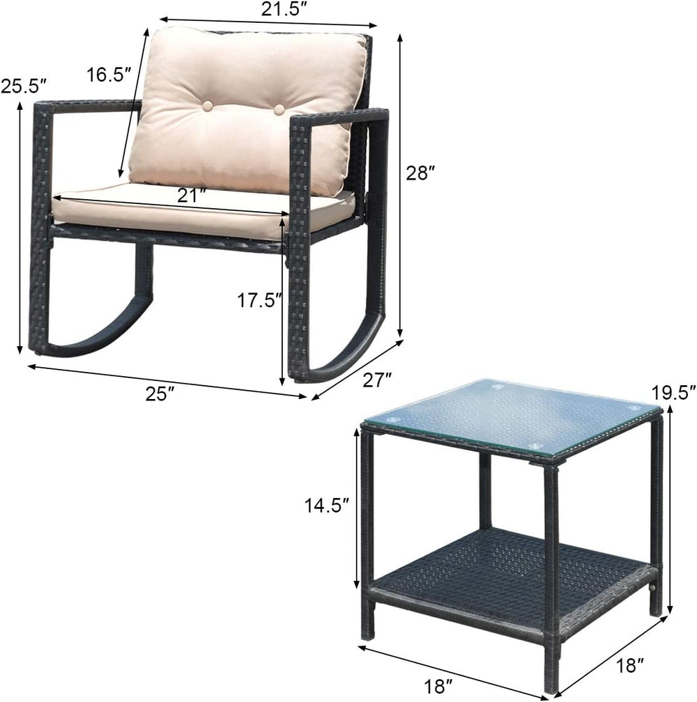 HAPPYGRILL 3-Piece Rocking Bistro Set Outdoor Patio Rocking Chairs with Coffe...