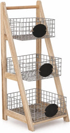Ladder Storage Rack with Wire Baskets 3 Tiers Freestanding Ladder Shelf Floor-Standing Shelving Unit for Entryway
