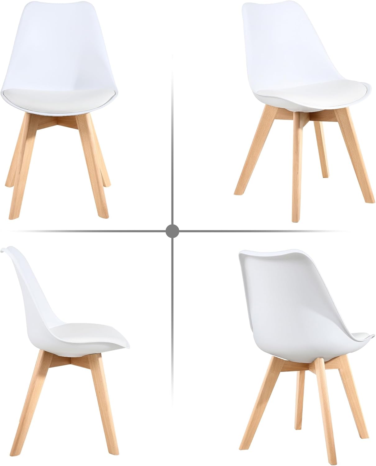 LSSBOUGHT Mid Century Modern Dining Chairs,Shell Lounge Plastic Side Chair with Soft Padded and Wooden Legs for Dining Room Living Room Bedroom Kitchen Set of 2 (White)