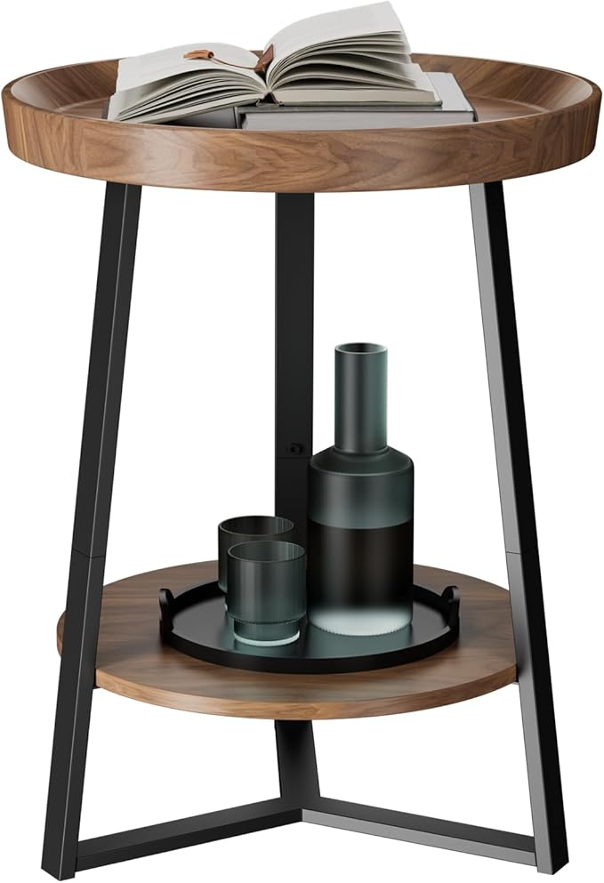 Gadroad Round End Table with Storage Shelf, 2 Tier Farmhouse Side Table Night...