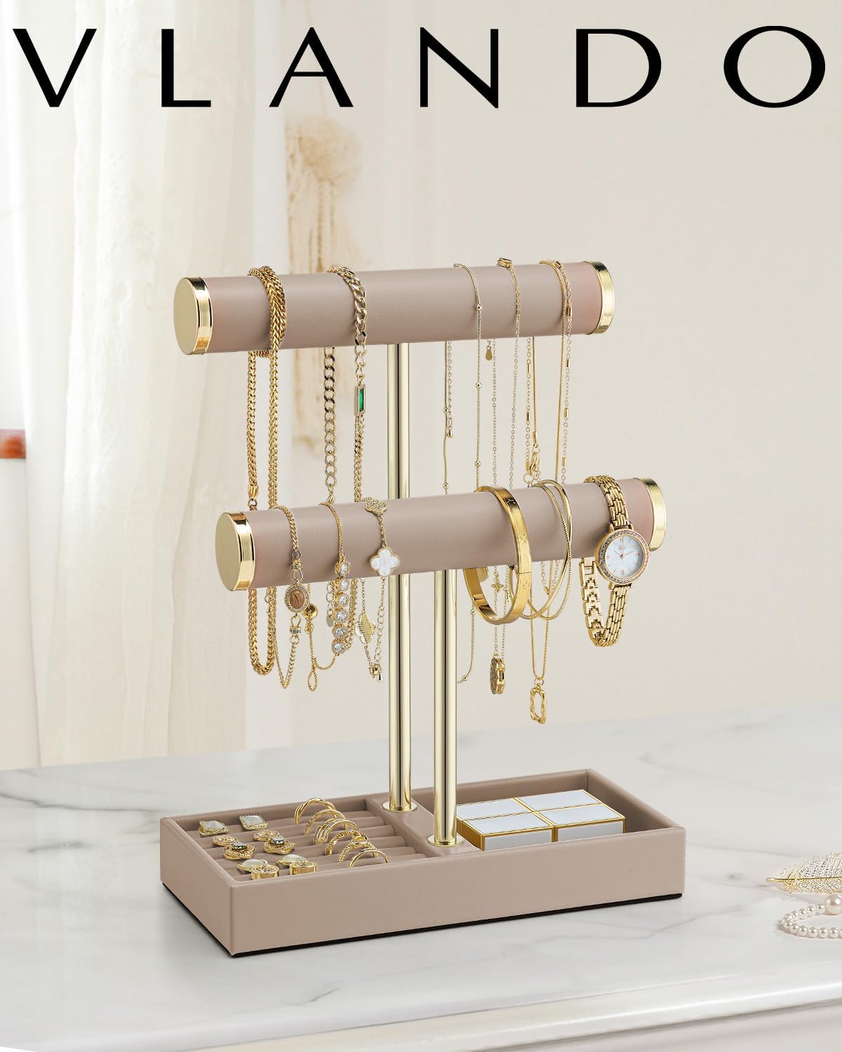 Vlando 2 Tier Bracelet Holder with Tray - Leather Jewelry Stand Organizer for Women - Valentines Day Gift Her- Jewelry Holder Display for Necklace, Watches, Rings, Earrings, Bangle, Scrunchie - Toffee