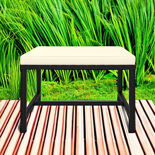 vidaXL Black Poly Rattan Sectional Footrest with Cream White Cushions - Versa...