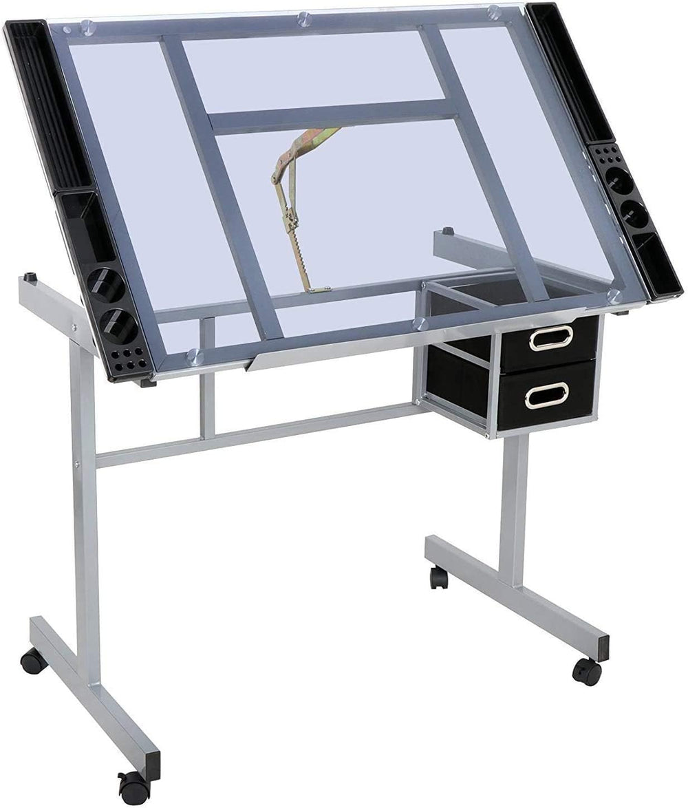HomGarden Adjustable Drafting Drawing Table Desk Tempered Rolling Glass Top A...