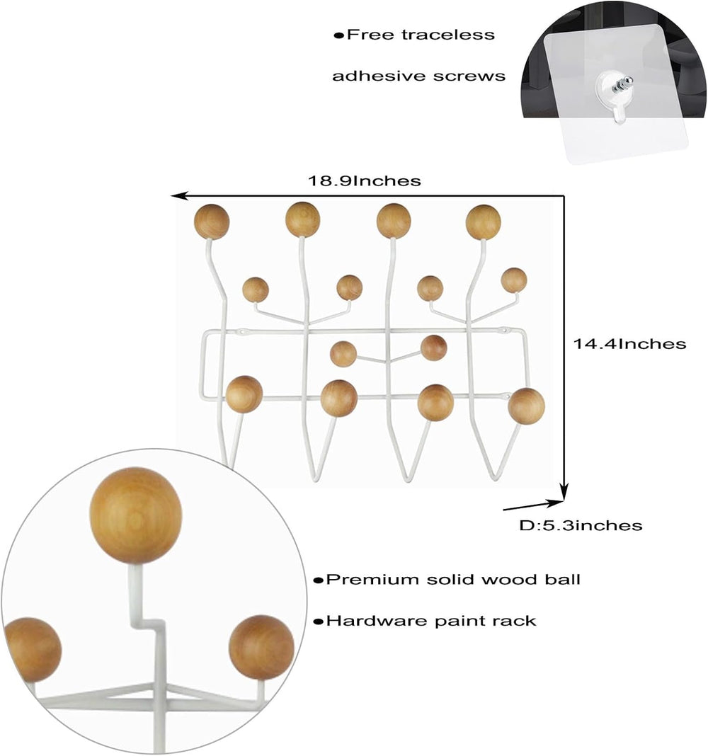 SHISEDECO Mid Century Modern Hang it All Coat Rack White Frame Natural Ball