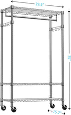 IZEUK Heavy Duty Rolling Garment Rack with 3 Adjustable Wire Shelves, Hanging Rod & Side Hooks - Mobile Clothes Rack with Wheels, 29.5" W x 15.7" D x 75" H,Chrome