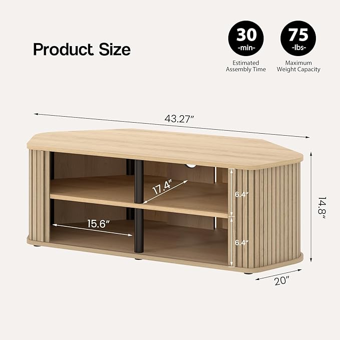 Corner TV Stand 43 Inch, Mid Century Corner Entertainment Center with Sliding...