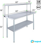 Stainless Steel Work Table with Wide Single Tier Overshelf | Metal Kitchen Prep Table & Shelving Combo (24" x 60" Work Table + 12" Overshelf)