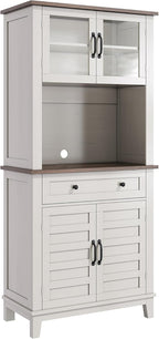 Pantry Cabinet with Charging Station, Tall Kitchen Pantry Storage Cabinet with Microwave Stand, 2 Glass Doors for Living Room, Dining Room