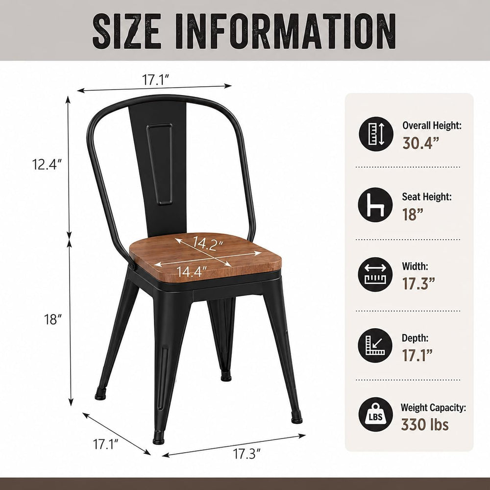 18 Inch Metal Dining Chairs Set of 4 Farmhouse Kitchen Chairs with Wooden Sea...
