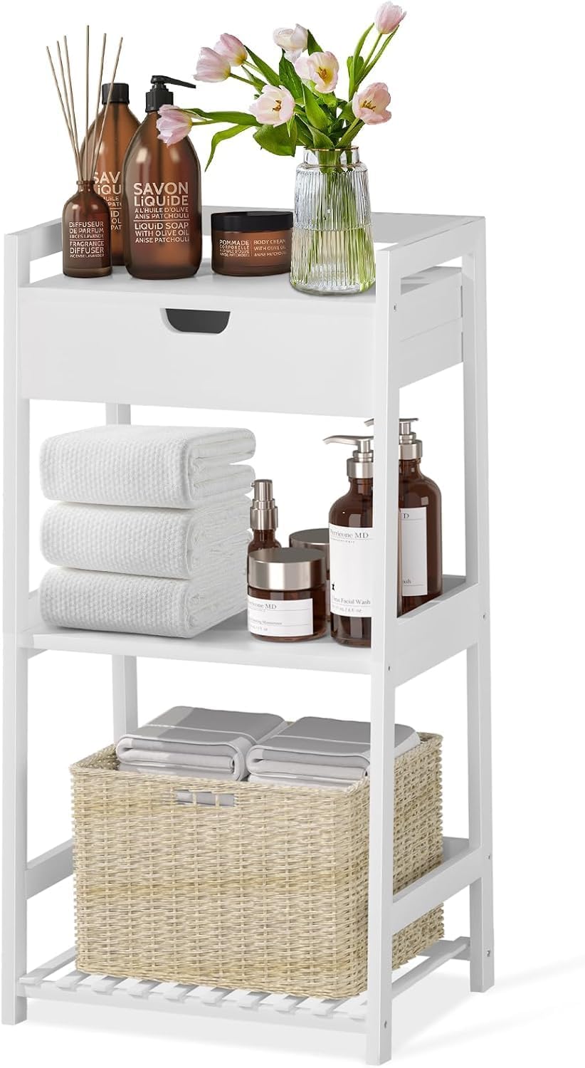 3 Tier Natural Bamboo Ladder Storage Shelf with Pull Out Drawer, Space Saving Freestanding Display Rack 11.8" D x 16.5" W x 31" H for Bathroom Bedroom Kitchen Office