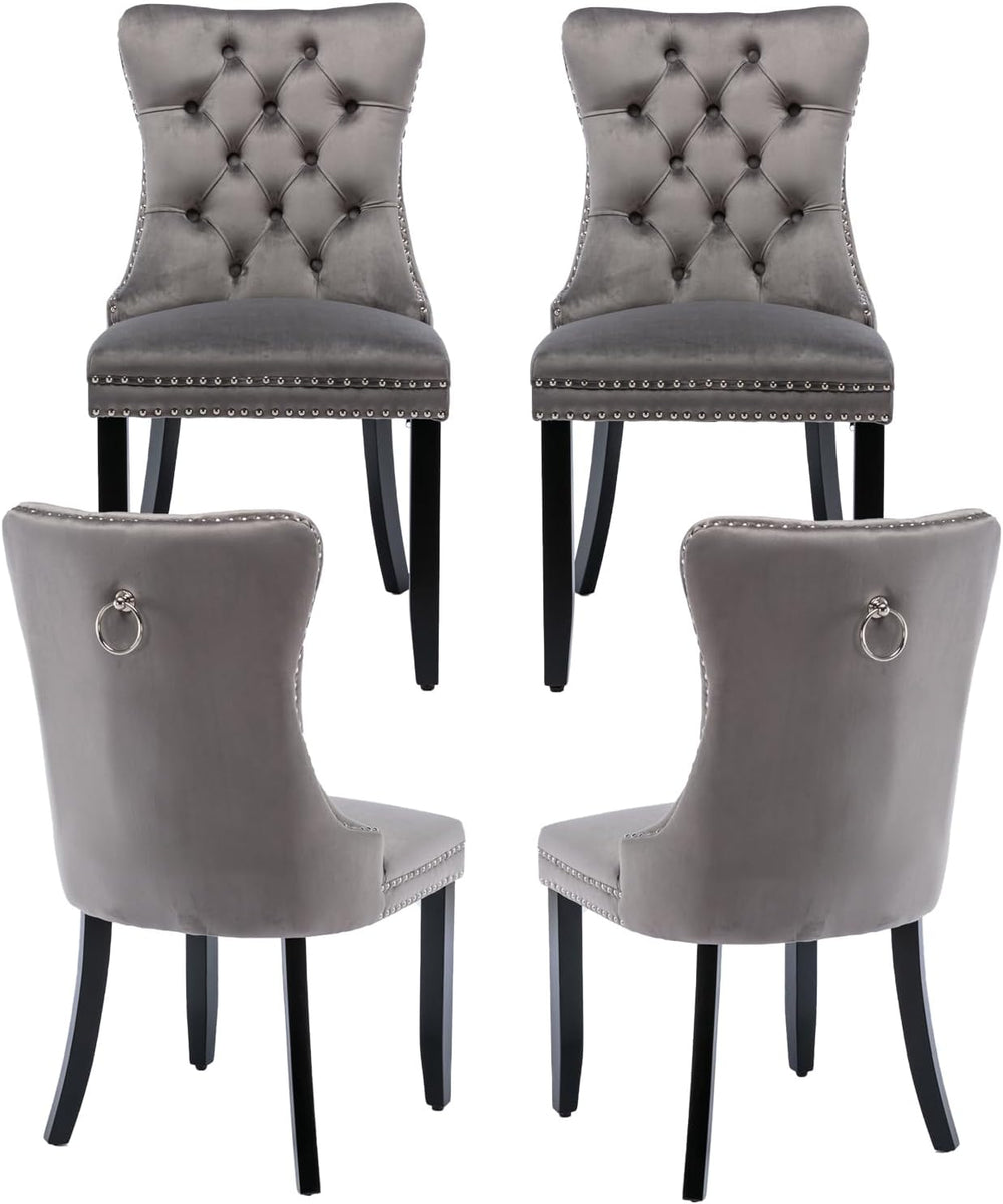 Grey Velvet Dining Chairs Set of 4, Tufted Back with Ring Pull