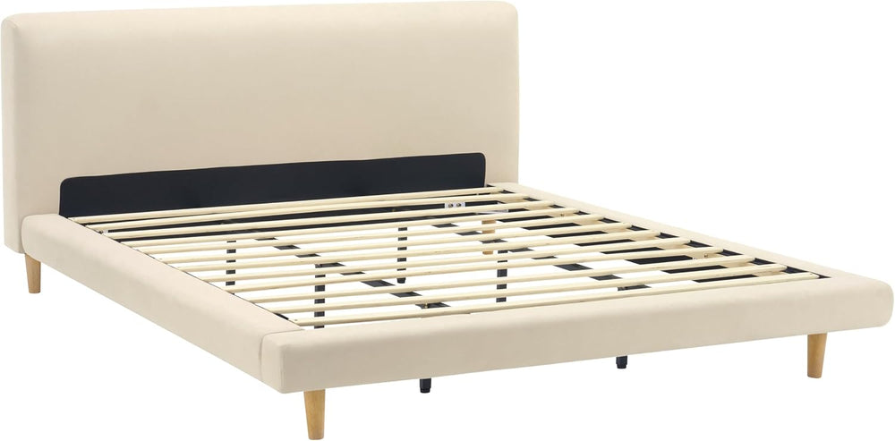 Cal-King Size Upholstered Beige Platform Bed with Chunky Headboard, Modern Fa...