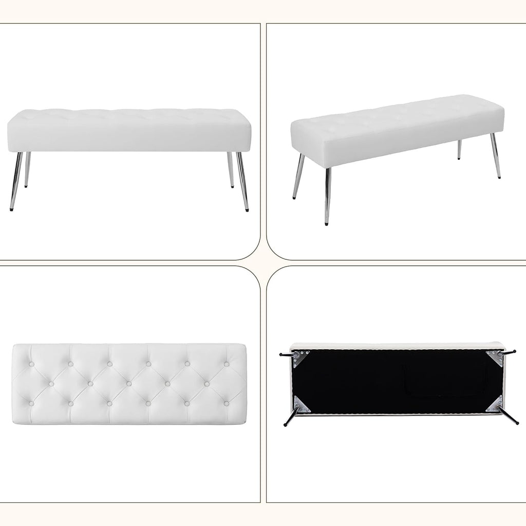 DUHOME Button-Tufted Ottoman Bench, Upholstered Footrest Stool Rectangular Dining Bench Leather Accent Bench for Entryway Dining Room Living Room Bedroom, White