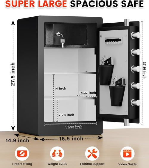 27.56 Inches Tall Heavy Duty Biometric Safe Box with Fireproof Waterproof Bag, Large Document Storage Anti-Theft Dual Alerts, Mute Mode, Digital Security for Business