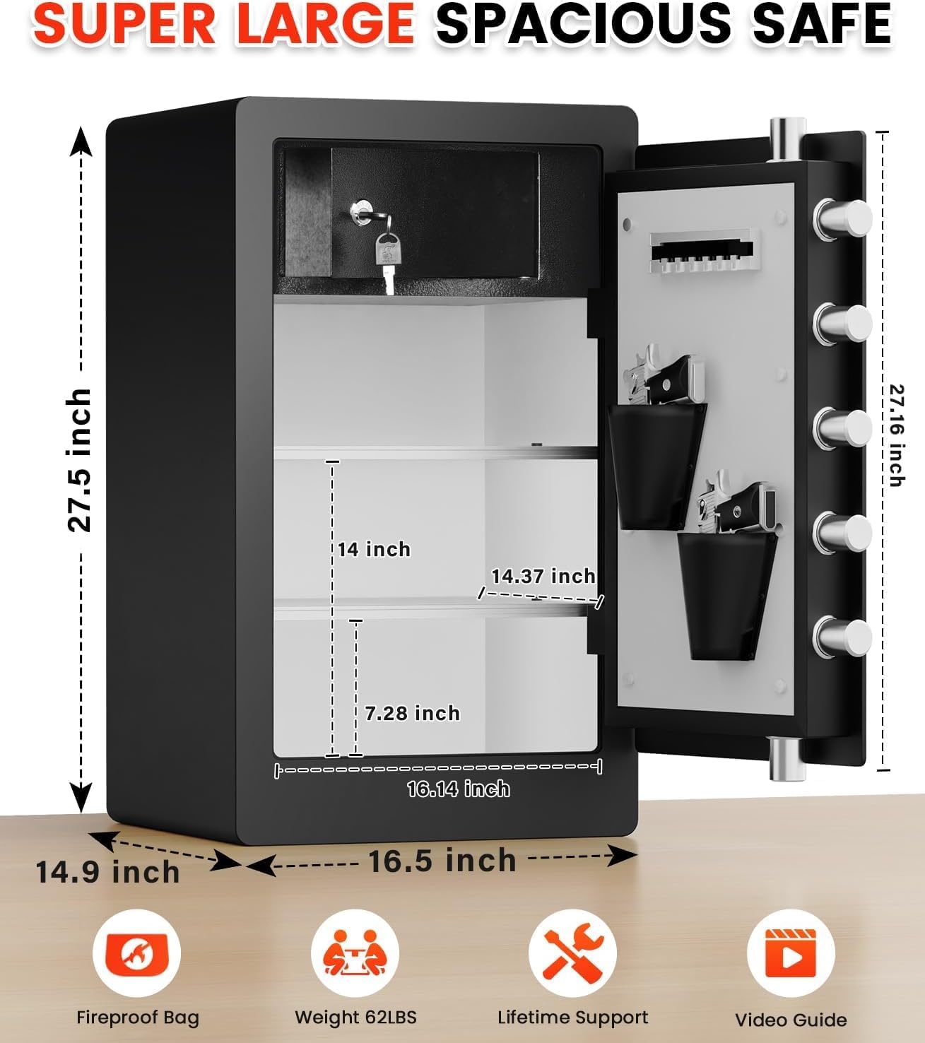 27.56 Inches Tall Heavy Duty Biometric Safe Box with Fireproof Waterproof Bag, 4.0 Cuft Large Document Storage Anti-Theft Dual Alerts, Mute Mode, Digital Security for Business