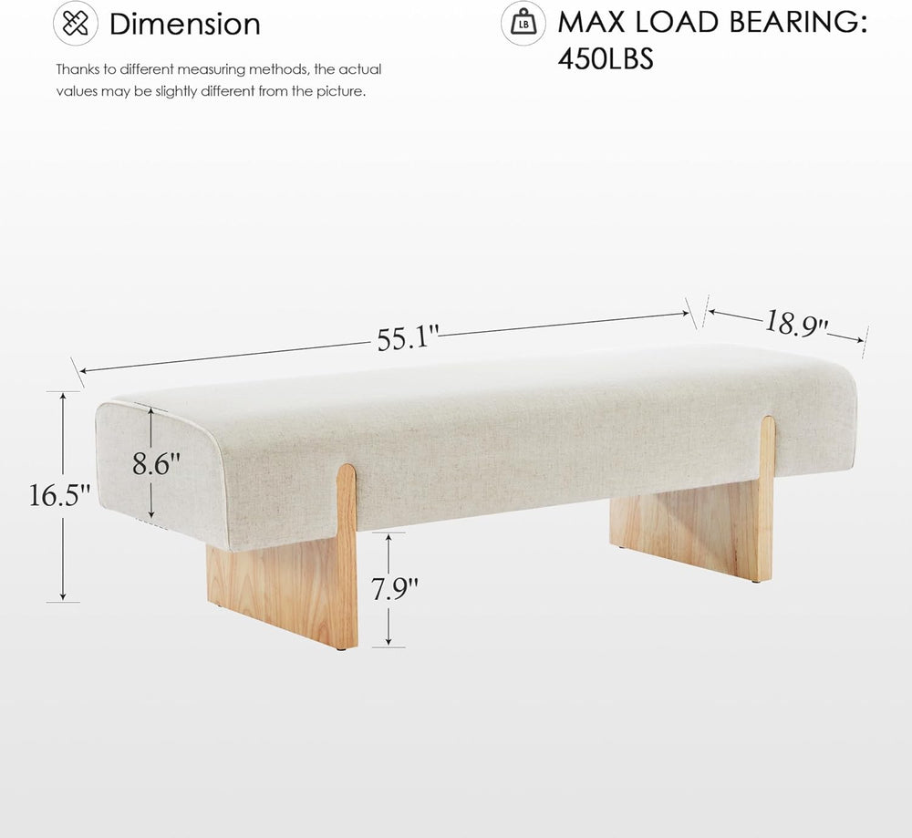 Zesthouse Solid Wood Bench for Bedroom, 55'' Upholstered Linen Fabric...