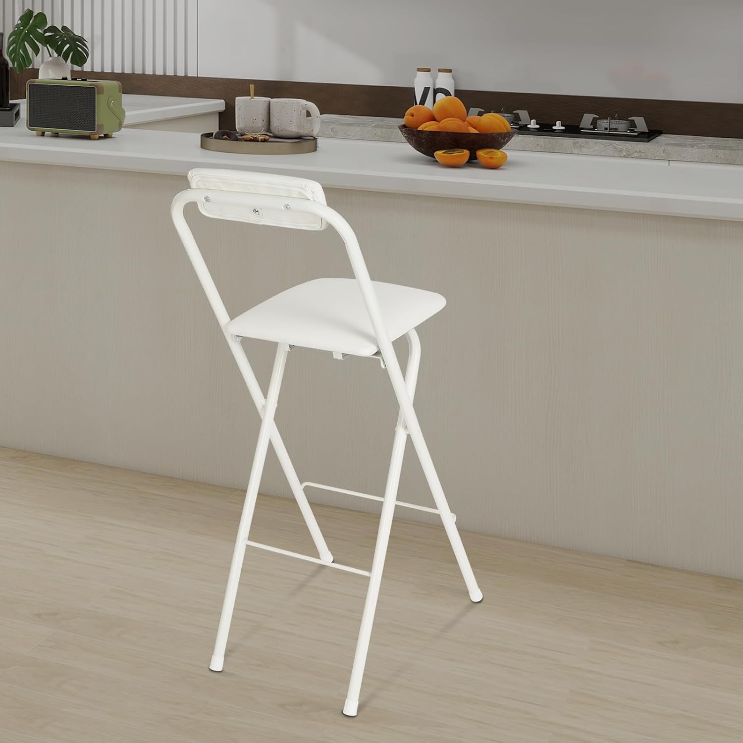 70cm Tall Adjustable Folding Bar Stool with Backrest - Portable Foldable Stool Chair for Kitchen, Outdoor & Commercial Use (1-Pack, Space Saving Design)‌ (White)