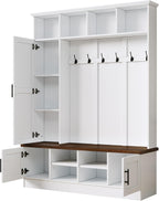 4-in-1 Hall Tree with Bench and Shoe Storage, Multi-functional Entryway Bench with Coat Rack, Storage Shelves, Shoe Cubbies, Adjustable Shelves, and 6 Hooks for Entryway, Hallway, White