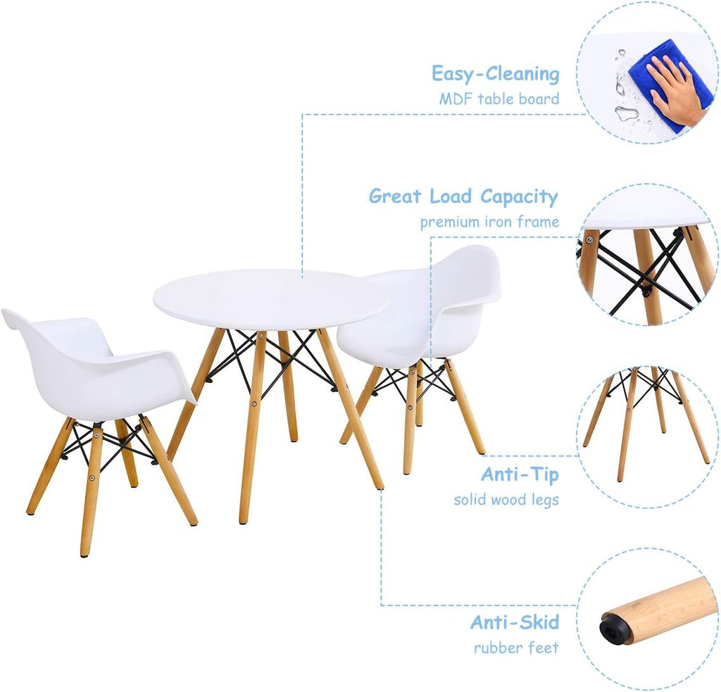 Costzon Mid-Century Modern Style Round Kids Table and 2 Armchairs, White, 23.5''x23.5''x20''(LxWxH) Table, 17''x16.5''x 22''(LxWxH) Chairs, Ages 3-12