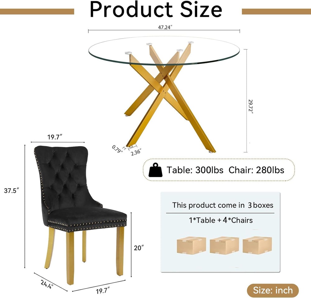 Modern 5-Piece Round Glass Dining Table Set for 4, Modern 47" Gold Glass...