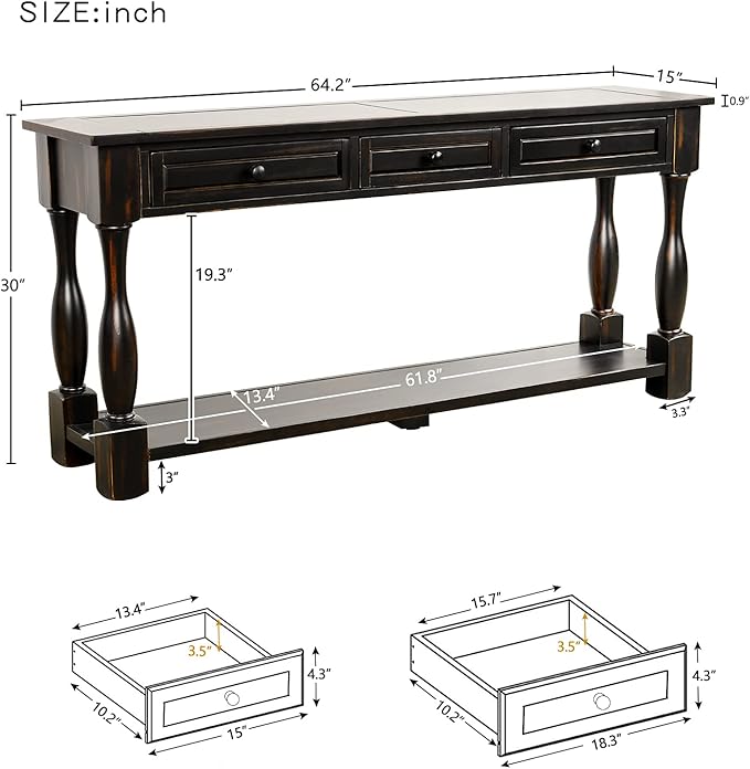 Merax Wood Farmhouse Entry Way Hallway Table with Drawers and Bottom Shelf Narrow Long Sideboard for Living Room (Distressed Black)