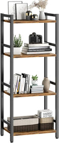 Book Shelf, 4 Tier Bookcase with Steel Frame, Stable Bookshelf Narrow Book Shelves Storage Organizer for Book CD Movie, Open Bookshelves for Living Room, Home Office, Study, Rustic Brown