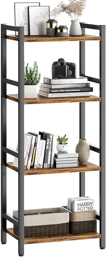 Book Shelf, 4 Tier Bookcase with Steel Frame, Stable Bookshelf Narrow Book Shelves Storage Organizer for Book CD Movie, Open Bookshelves for Living Room, Home Office, Study, Rustic Brown