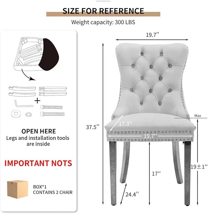 Mid Century Modern Dining Chairs Set of 2, Velvet Upholstered Kitchen & Dining Room Chairs with Nailhead Trim & Brushed Silver Metal Legs, Tufted Kitchen Chairs, Elegant Sillas De Comedor (Red, 2 Pcs)