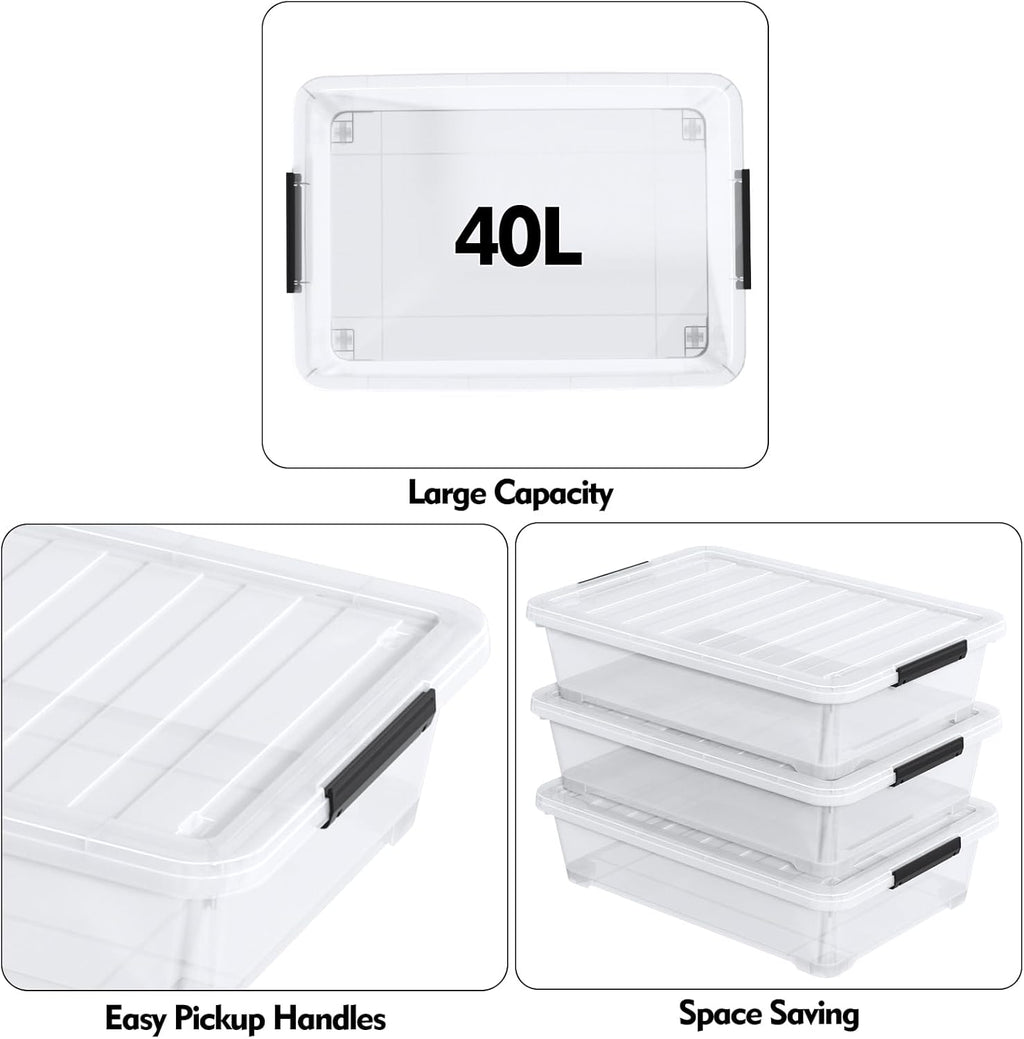 40 L Under Bed Plastic Storage Bins with Lids, Clear Underbed Storage Bin, 3 Pack